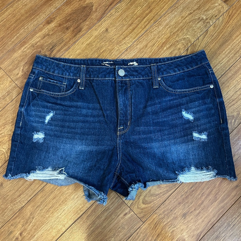 Seven7 Women’s High Rise Dark Blue Distressed Jean Shorts